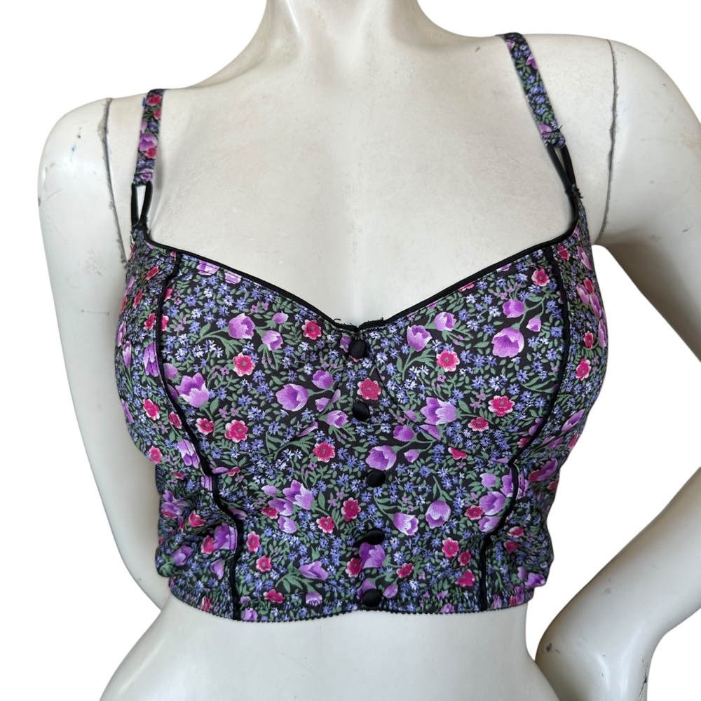 Vintage 80s Delicates Black Floral Print Unlined Bustier Longline Bra Size 34C